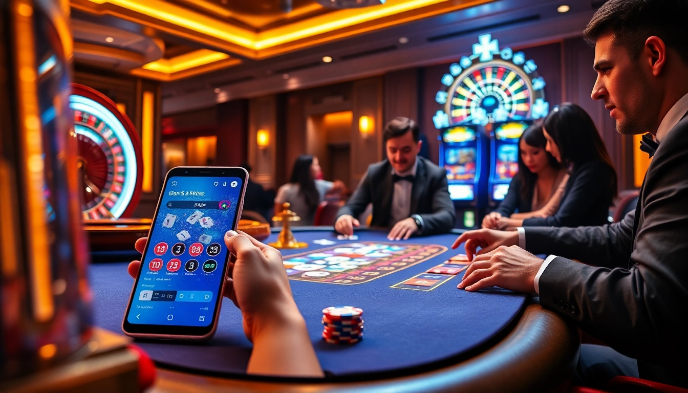 S8 app displayed on a smartphone amidst an exciting casino gaming atmosphere