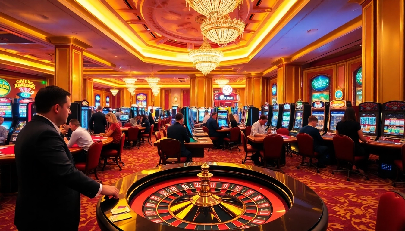 A thrilling scene of gamblers enjoying their experience at https://888b.report/, featuring poker tables, roulette wheels, and vibrant slot machines.