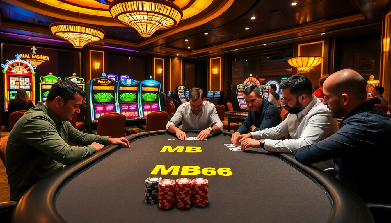 Players competing at an MB66 poker table amidst vibrant casino lights.