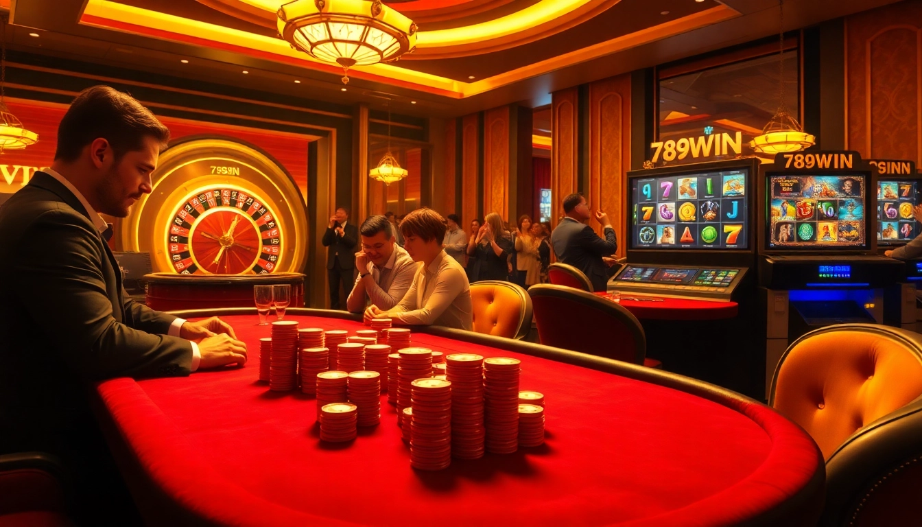 Vibrant casino scene with a poker table and roulette wheel, showcasing 789WIN excitement.