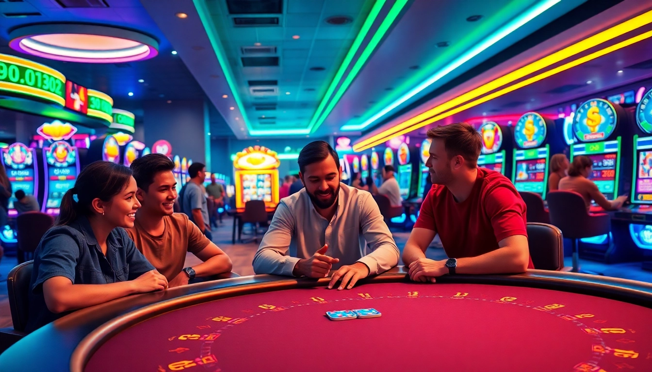 Joueurs heureux s'amusant au meilleur crypto casino avec des jeux lumineux.