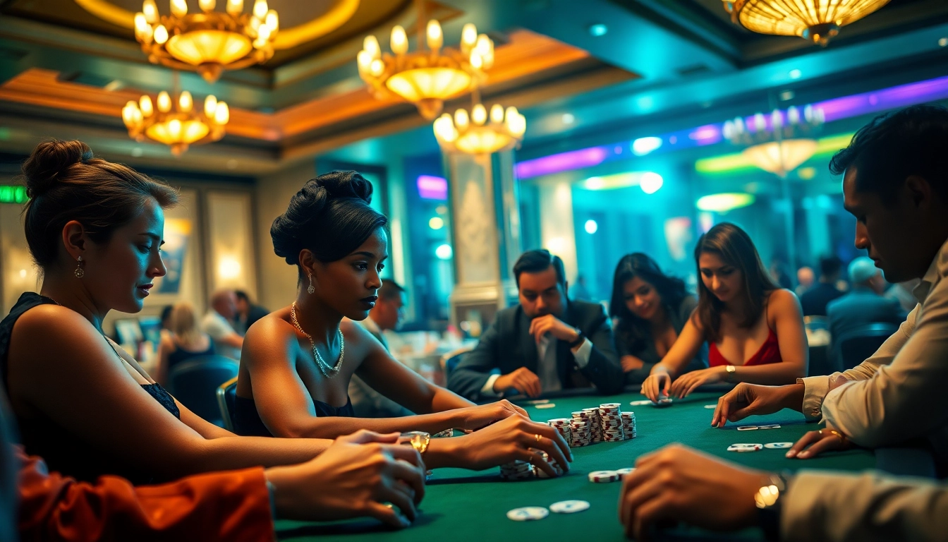 Jouer à un casino en ligne fiable avec des joueurs concentrés autour d'une table de poker.