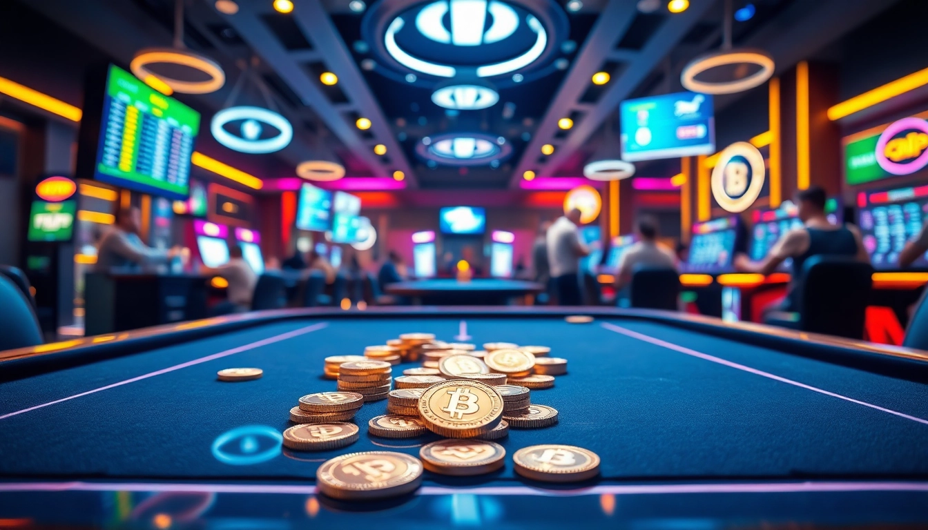 Découvrez les sensations du meilleur casino crypto en jouant sur une table moderne avec des pièces numériques lumineuses.