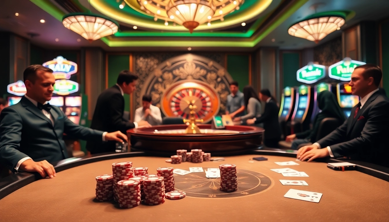 Engage in exciting gameplay at 78WIN's luxurious casino, featuring poker tables and roulette wheels.